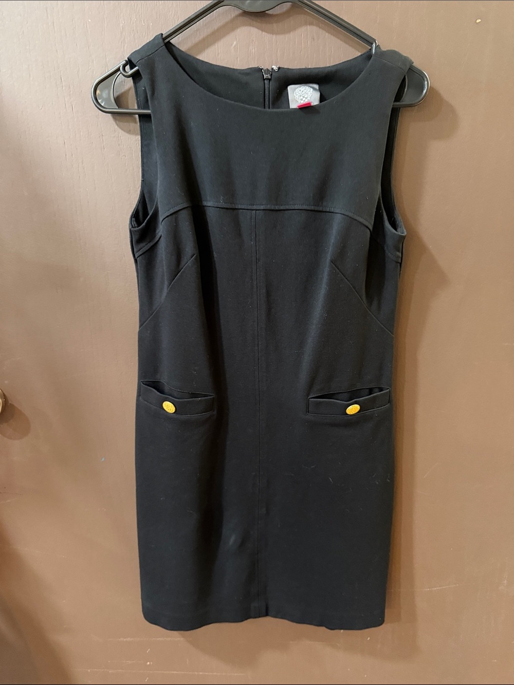 Vince Camuto Black Sleeveless Mini Dress with Yellow Button Accents